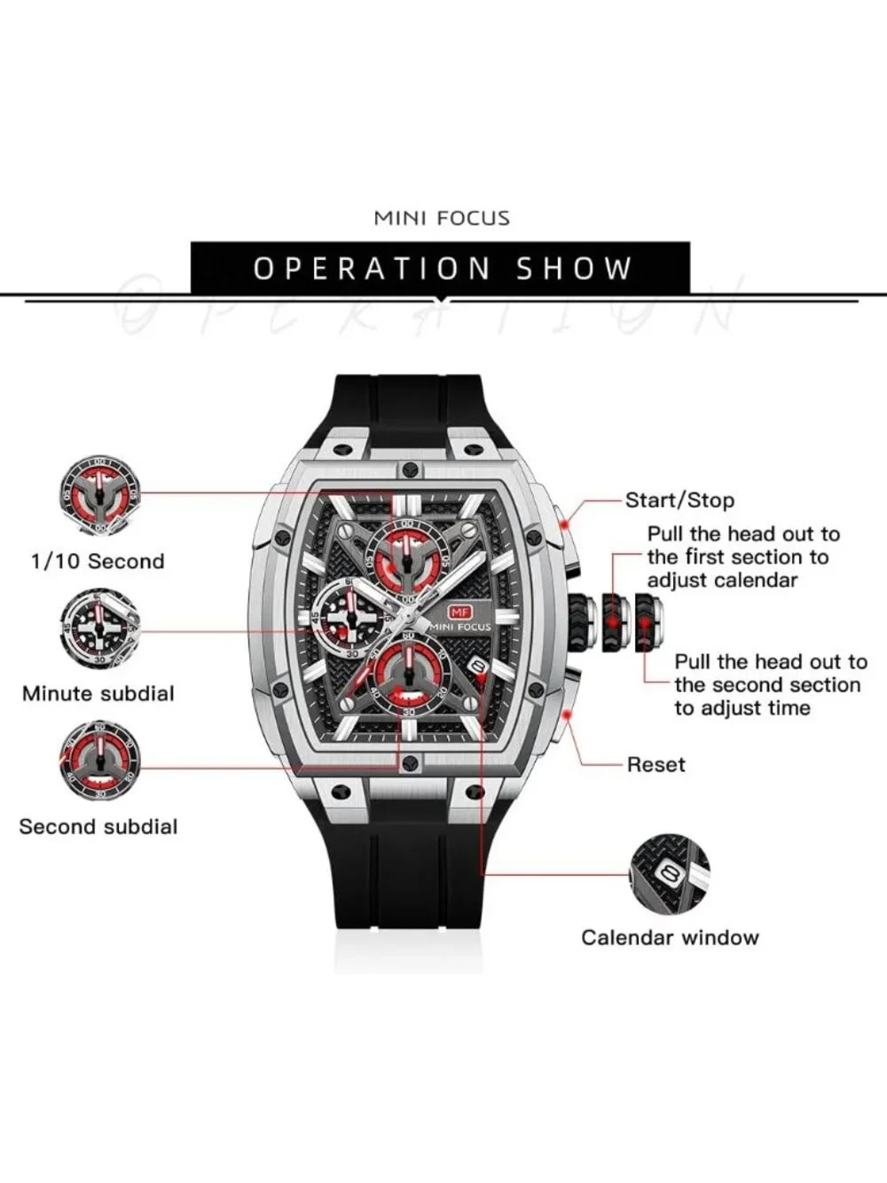 Men's Silver Analog Wrist Skeleton Tonneau Chronograph Ideal Enthusiasts Watch